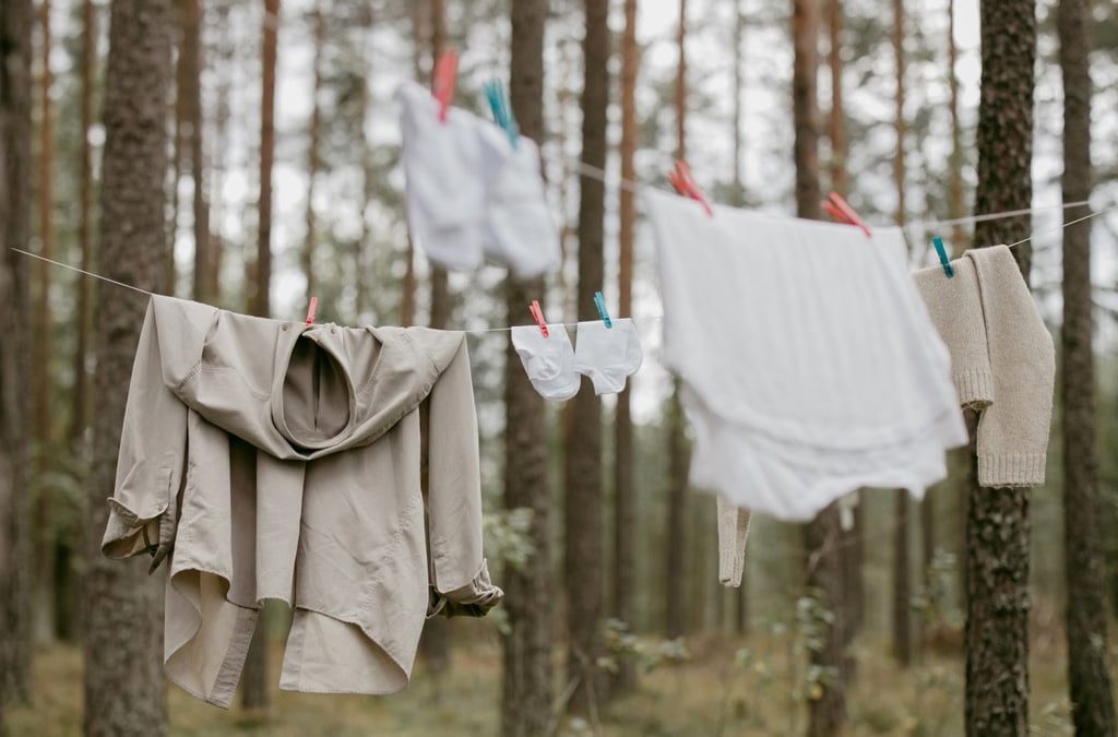 Clothes hanging on a line in a serene forest, creating a rustic outdoor laundry scene.